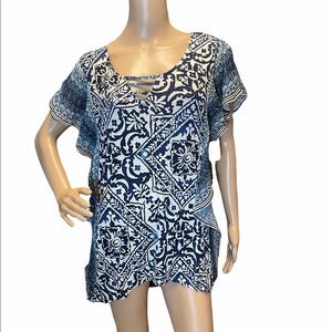 One World Printed Ruffle Sleeve Ladder V-Neck Top